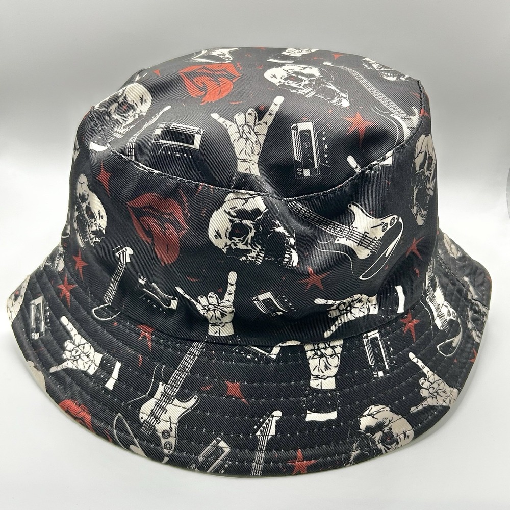 Rockstar Skull Guitar Pattern Bucket Hat Cap One Size Adult Outdoors Black